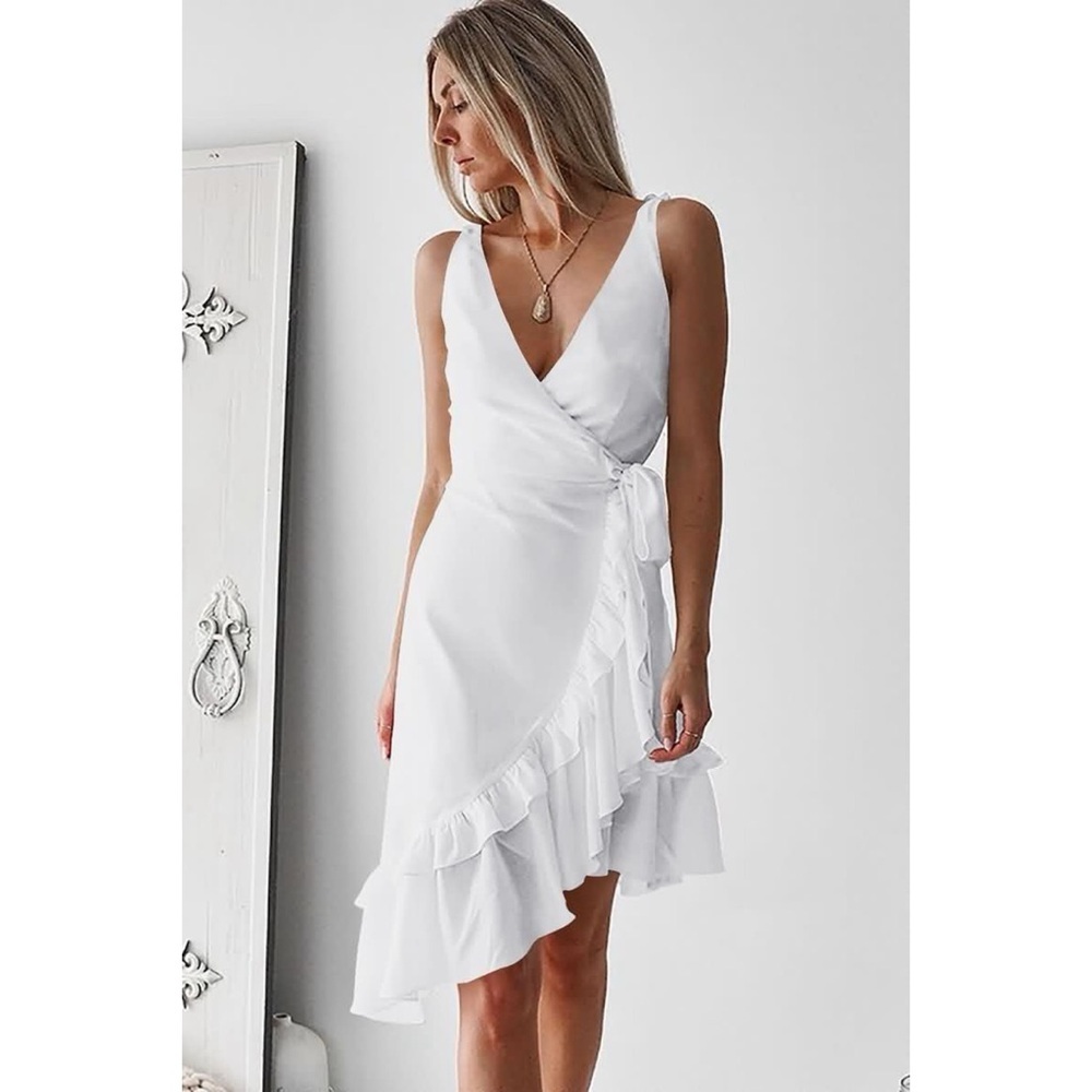 Two Sisters the Label Wrap Tied V Neck Ruffles Asymmetric Hem Dress Sz M (6)